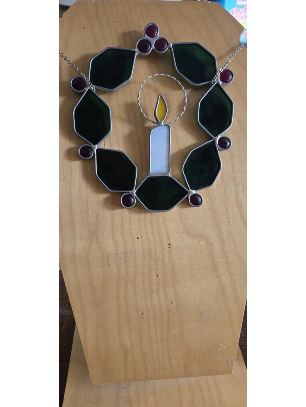 Vintage Stained Leaded Glass Christmas Holly Wreath & Candle Suncatcher 7X7
